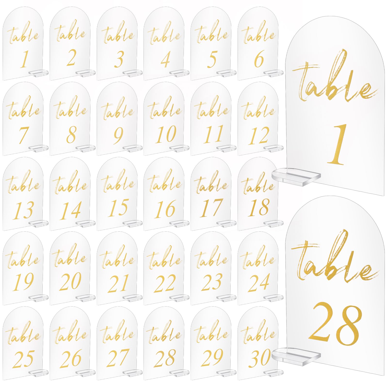 30 Sets Arch Acrylic Sign Gold Printed 1-30 Table Signs with Stands Calligraphy Clear Table Number Display Stand for Wedding Reception Event Party Restaurant Centerpieces Decor (4 x 6 Inch)