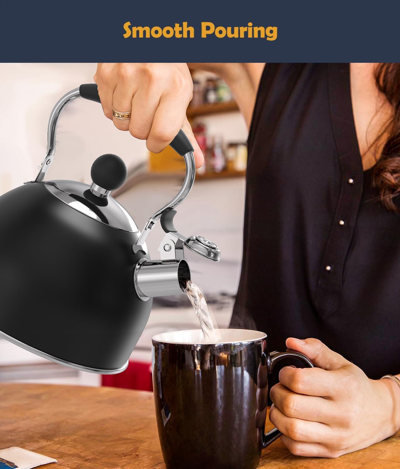 AMFOCUS Tea Kettle, 2 Quart Stainless Steel Whistling Tea Kettle, Stovetop Whistling Teakettle Tea Pots for Stove Top with Ergonomic Folding Handle, Small Teapot, Water boiler for Tea, Coffee (Black)