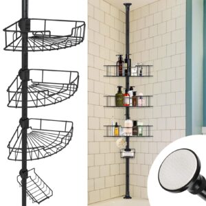 diovplx rustproof shower caddy tension pole, stainless steel bathroom bathtub corner shower rack shelves storage shampoo holders for inside shower, 39"-125" adjustable shower caddy pole black