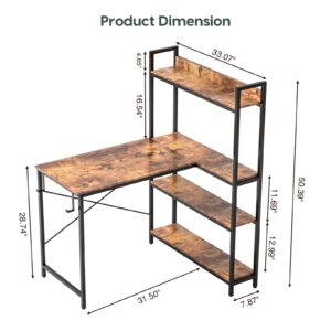 WASAGUN 40 Inch Small L Shaped Computer Desk with Storage Shelves, Home Office Corner Reversible Desk Study Writing Table with Hutch, Brown