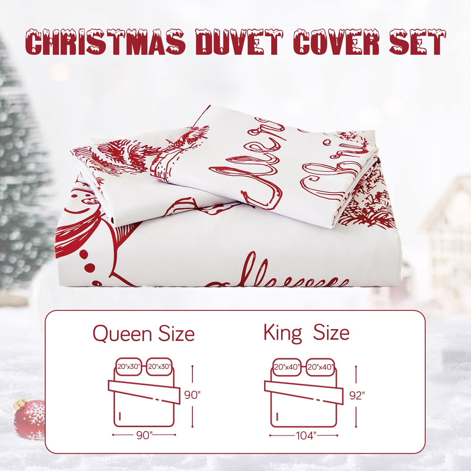 Drucon Christmas Duvet Cover Set Queen Size 3 Pieces Soft Microfiber Breathable Bedding Set Red Christmas Snowman Pattern Duvet Cover with 2 Pillowcases