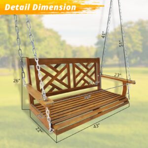 VINGLI 3-Seater Wooden Porch Swing, Heavy Duty Porch Bench Swing with 4FT Hanging Chains, Acacia Waterproof Porch Swing for Garden, Patio, Balcony, Backyard, Natural