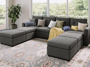 linsy home oversized modular sofa, rubik iii 4 seat modular sectional couch with 4 ottomans, u shaped sleeper sofa with storage, all covers changeable washable, dark grey