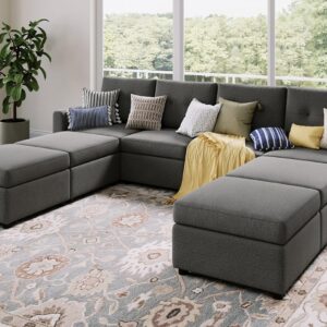 LINSY HOME Oversized Modular Sofa, Rubik III 4 Seat Modular Sectional Couch with 4 Ottomans, U Shaped Sleeper Sofa with Storage, All Covers Changeable Washable, Dark Grey