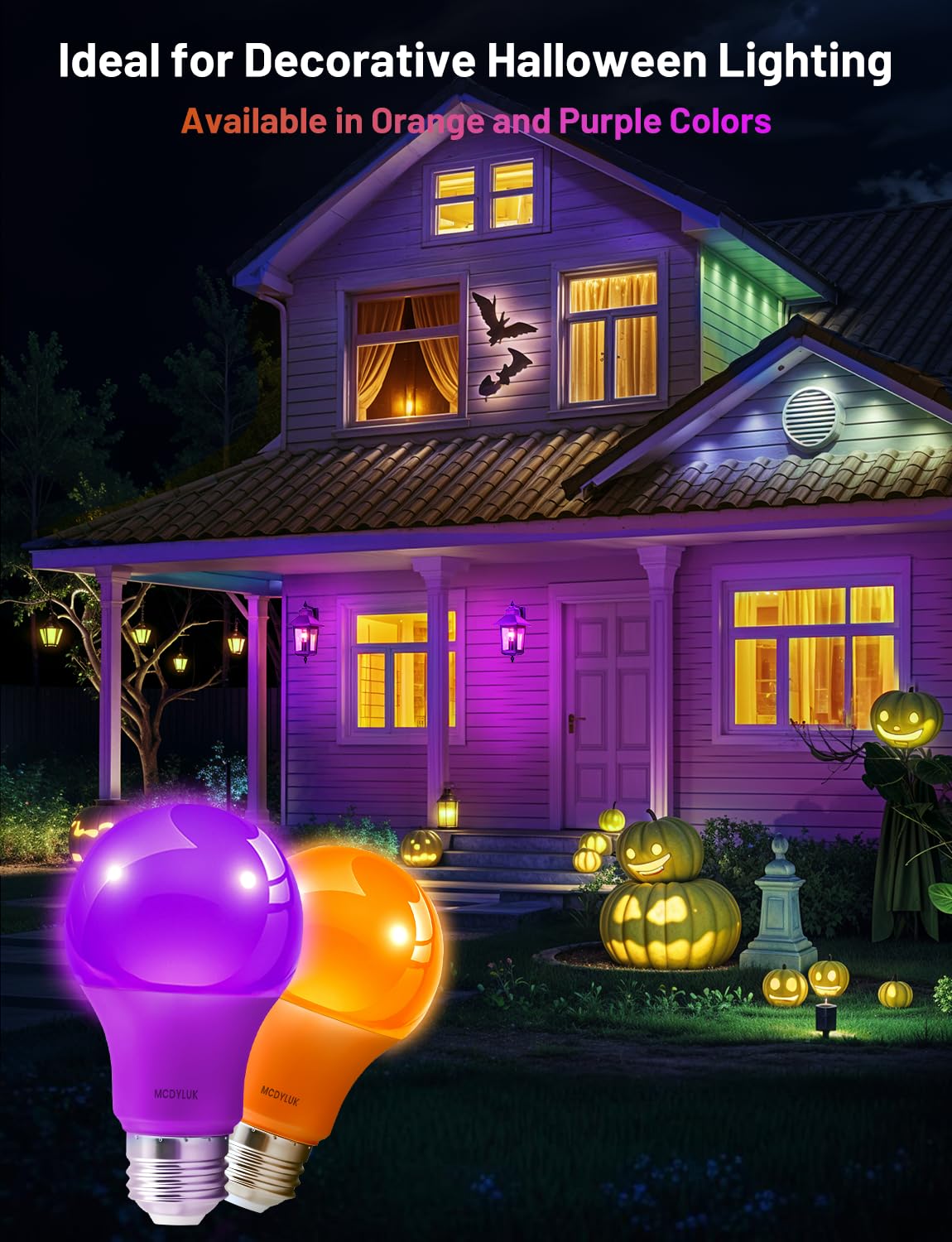 MCDYLUK LED A19 Purple Light Bulbs, 9W (60W Equivalent), E26 Base LED Purple Bulb, Non-Dimmable, Halloween Decoration, Party Decoration, Porch, Front Door, Home Lighting, Holiday Lighting, Pack of 3