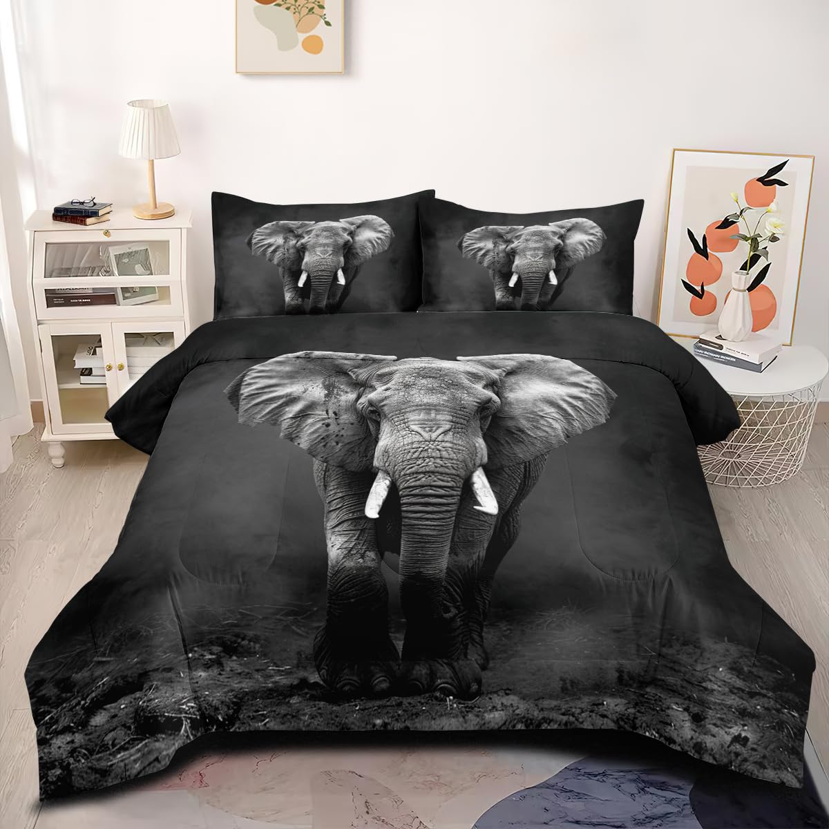 CCoutueChen Elephant Comforter Set King Size Black Elephants Bedding Set Bohemian Animal Bedding Sets Exotic Animals Comforters Ultra Soft Down Alternative Comforter Sets for Boys Teens Kids