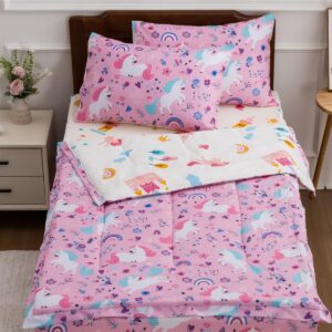 NTBED Unicorn Printed Zipper Bedding Sets Twin Lightweight Microfiber Floral Comforter Sets with Fitted Sheet Pillow Covers,Pink