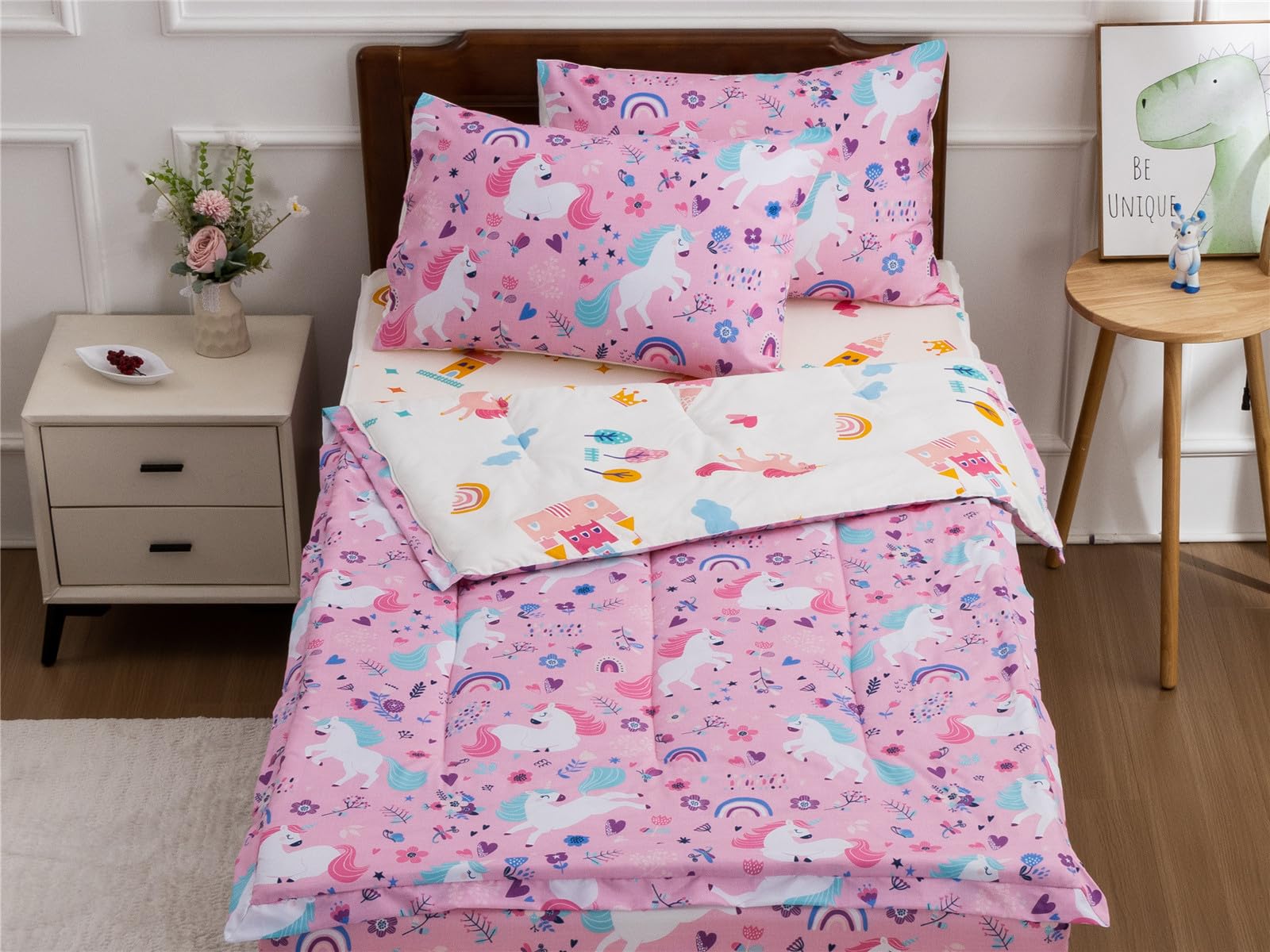 NTBED Unicorn Printed Zipper Bedding Sets Twin Lightweight Microfiber Floral Comforter Sets with Fitted Sheet Pillow Covers,Pink