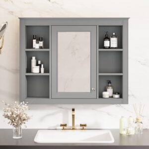 virubi wall mounted medicine cabinet, bathroom storage cabinet with mirror door and 6 adjustable open shelf (7.3" d x 35" w x 27.5" h) (grey)