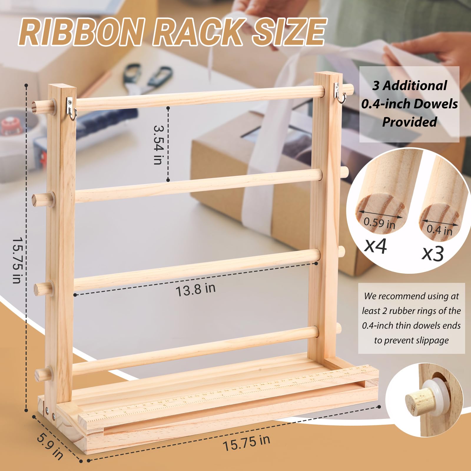 NewEle Ribbon Organizer - Wooden Ribbon Spool Holder for Mesh Ribbon Wreath Thread Tulle Roll Washi Tape, Ribbon Holder Organizer Rack for Craft Room, Florist Supplies, Wrapping Craft Present