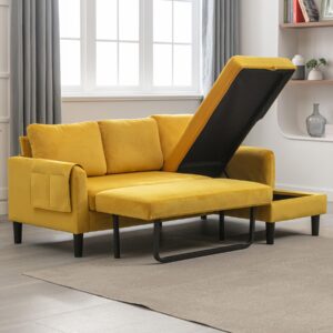 ouyessir l shaped sleeper convertible sofa with pull out bed, velvet modern 3 seater sofa couch with storage chaise lounge, upholstered furniture for living room bedroom apartment, yellow