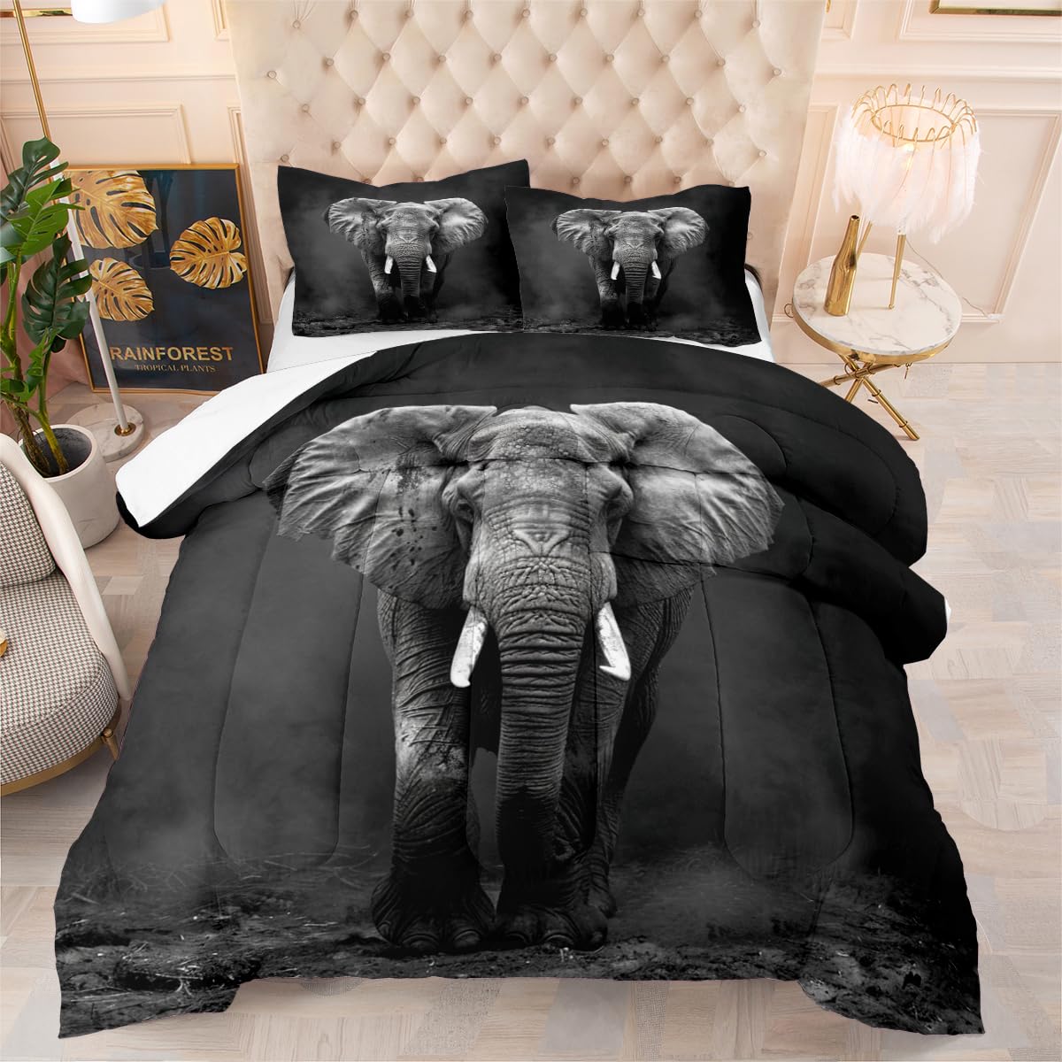 CCoutueChen Elephant Comforter Set King Size Black Elephants Bedding Set Bohemian Animal Bedding Sets Exotic Animals Comforters Ultra Soft Down Alternative Comforter Sets for Boys Teens Kids