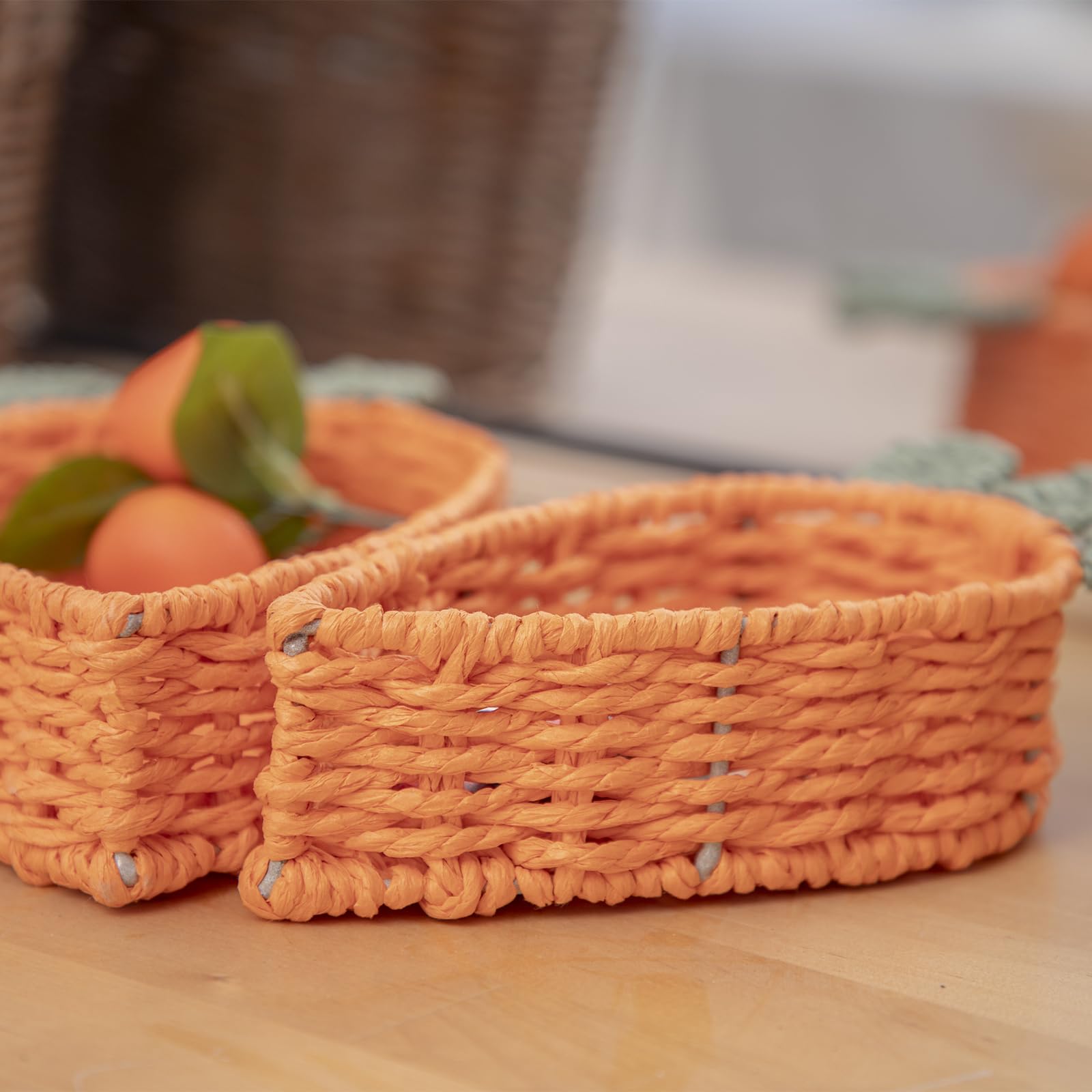 YRMT Small Storage Baskets for Entryway, Carrot Shape Decorative Bowl Basket, Paper Rope Woven Basket Organizer for Candy, Keys, Wallet, Cute Home Decor Set of 2