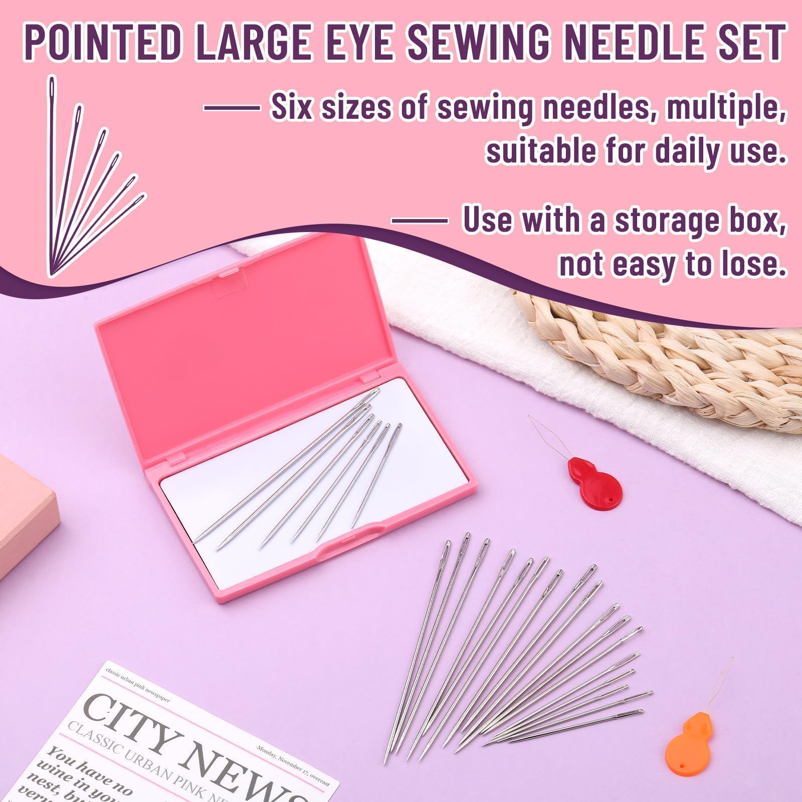 FOUSNOW Magnetic Needle Storage Case, Slim Line Magnetic Needle Organizer, Needle Pin Holder Case, with 40 Pcs Large Eye Sewing Needles, Suitable for Hand Sewing Art Crafts