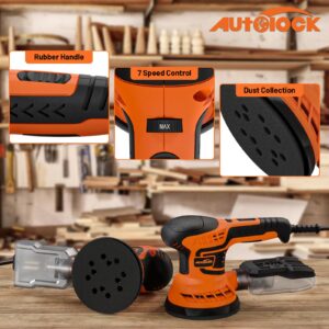 Autolock 350W 5 Inch Random Orbital Sander, 13000 RPM Electric Orbital Sander with 7 Variable Speeds, 2.8AMP Corded Palm Sander Kit with Dust Collection System for Woodworking & Sanding, 15 Sandpapers