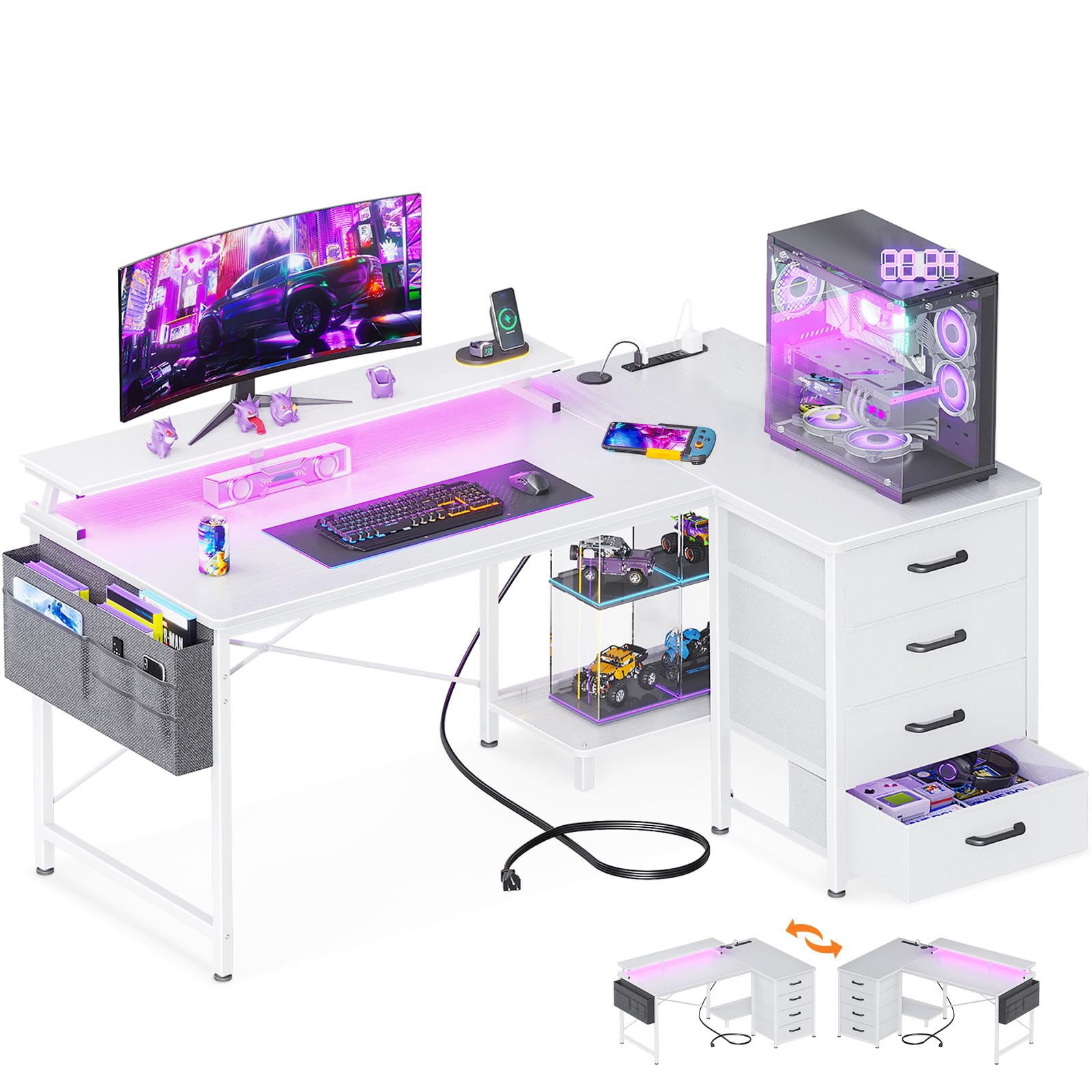 ODK 48-Inch L Shaped Gaming Desk with LED Lights & USB Power Outlets, Reversible Computer Desk with 4 Drawers, Corner Gamer Desk with CPU Shelf & Monitor Stand, Gaming Table for Bedroom, White