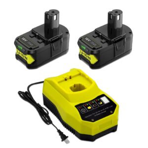 junwood upgraded 2pack 8.0ah replacement for ryobi 18v battery lithium with p117 charger compatible with ryobi one+ plus p102 p103 p104 p105 p107 p108 p109 cordless tools