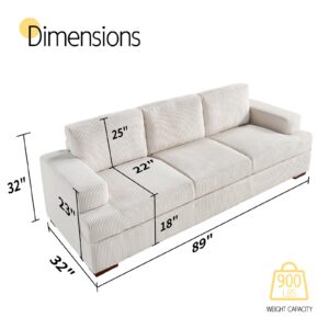 VanAcc 89in Sofa Couch, Corduroy Sofa-Comfy Couch with Wood Legs, 3 Seater Sofa- Deep Seat Couches for Living Room, White