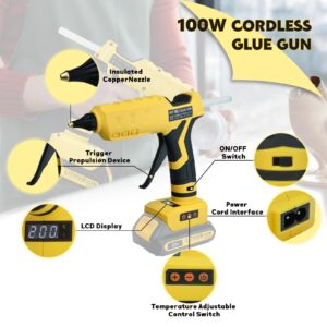 Cordless Glue Gun, for DeWalt Dual-Power Hot Glue Gun, Fast Heating 100°C-200°C Temp Adjust LCD Digital Display with Plug, 10Pcs 11mm Full Size Glue Sticks for Arts&Crafts&DIY(Tool Only)