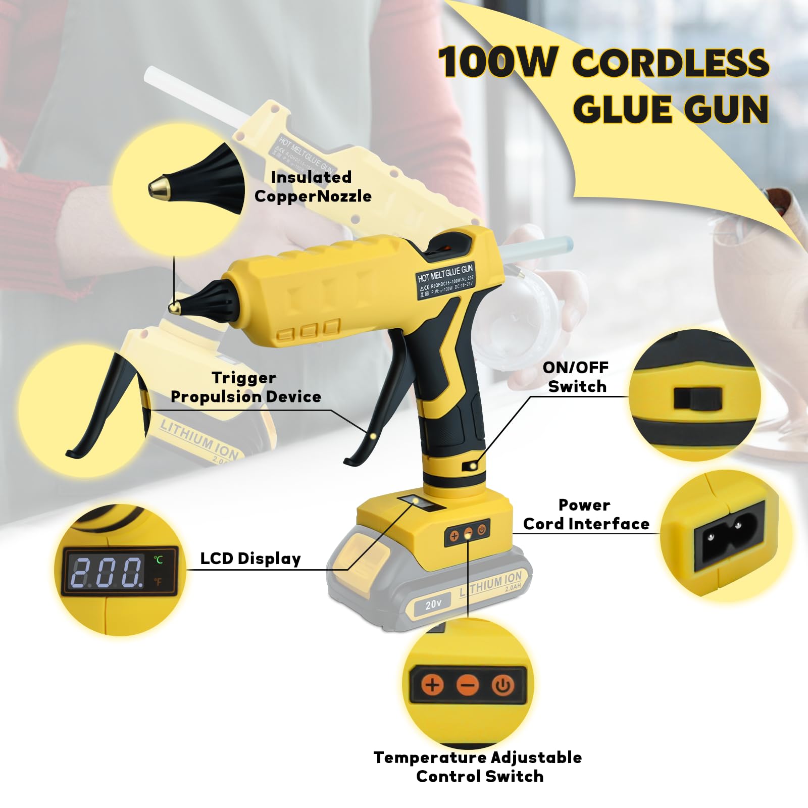 Cordless Glue Gun, for DeWalt Dual-Power Hot Glue Gun, Fast Heating 100°C-200°C Temp Adjust LCD Digital Display with Plug, 10Pcs 11mm Full Size Glue Sticks for Arts&Crafts&DIY(Tool Only)