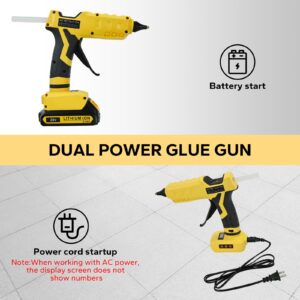 Cordless 100W Hot Glue Gun Dual for De-walt 20V Battery,Dual Power Supply Glue Gun,LCD Digital Display Up to 200℃ Temp Adjust with Plug,10Pcs hot glue gun sticks for Arts&Crafts&DIY(No Battery)