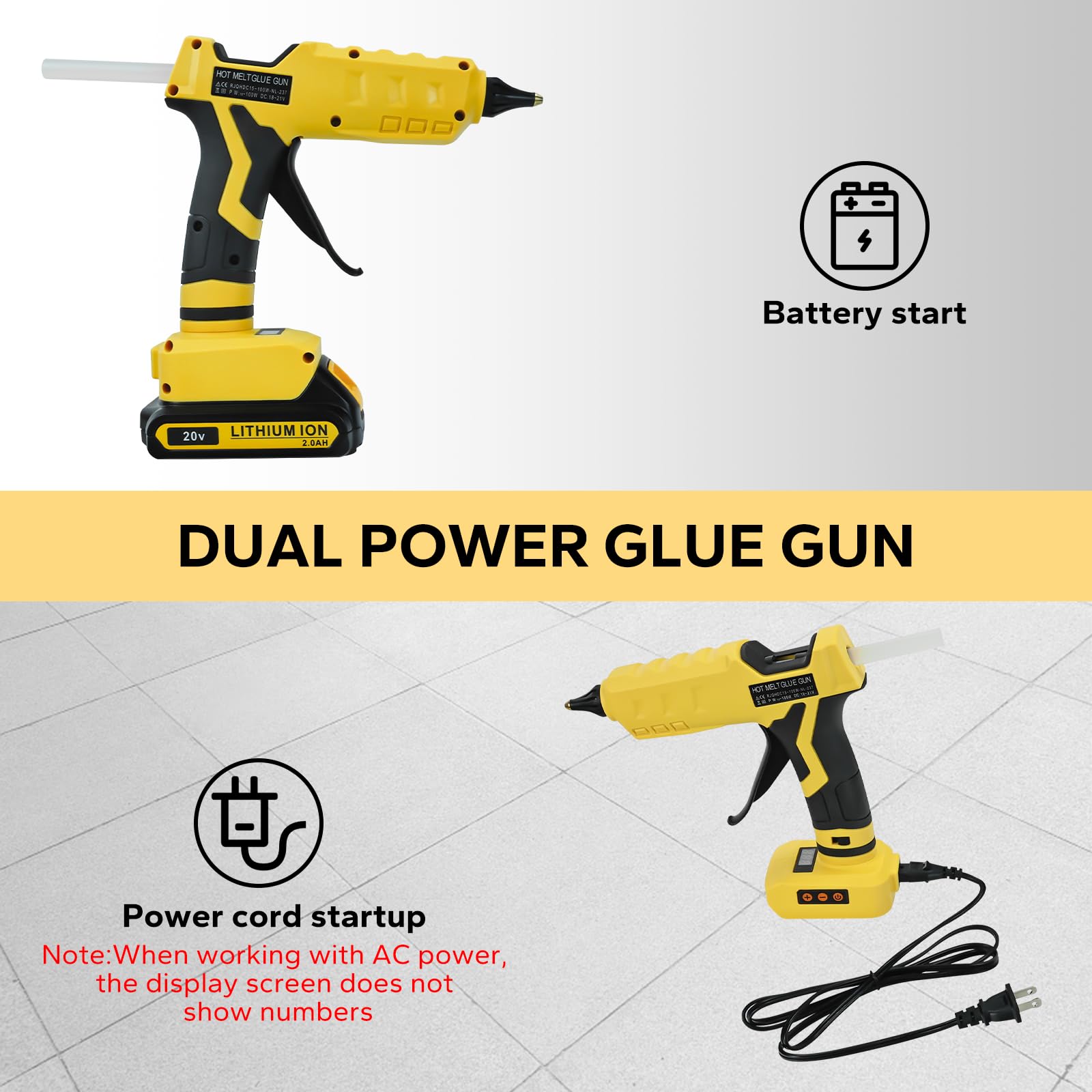 Cordless 100W Hot Glue Gun Dual for De-walt 20V Battery,Dual Power Supply Glue Gun,LCD Digital Display Up to 200℃ Temp Adjust with Plug,10Pcs hot glue gun sticks for Arts&Crafts&DIY(No Battery)