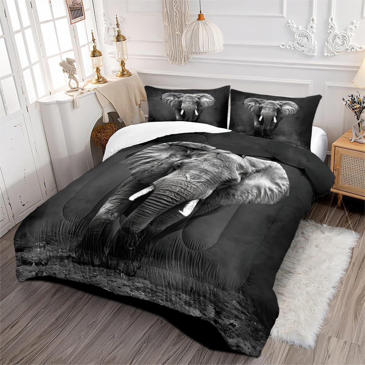 CCoutueChen Elephant Comforter Set King Size Black Elephants Bedding Set Bohemian Animal Bedding Sets Exotic Animals Comforters Ultra Soft Down Alternative Comforter Sets for Boys Teens Kids