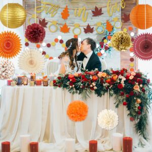 Fall Bridal Shower Decorations, Fall In Love Banner Set Autumn Wine Burgundy Champagne Orange Tissue Pom Poms, Paper Flower, Paper Lanterns for Fall Theme Wedding Engagement Decorations