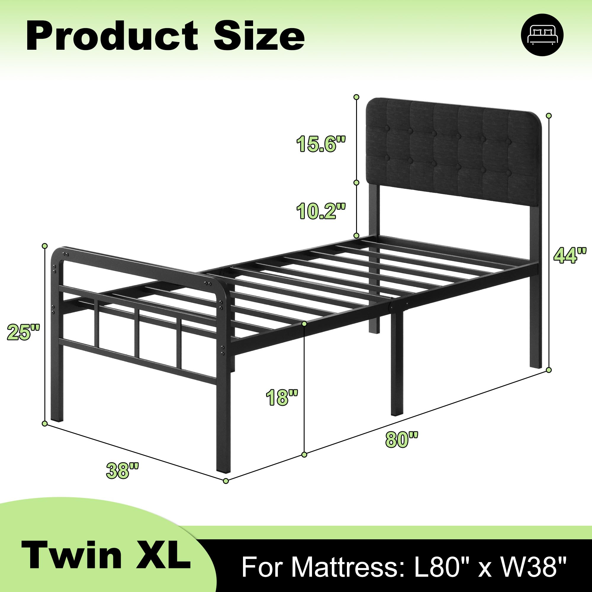 UUKING 18 Inch Twin XL Bed Frames with Black Upholstered Headboard and Metal Footboard