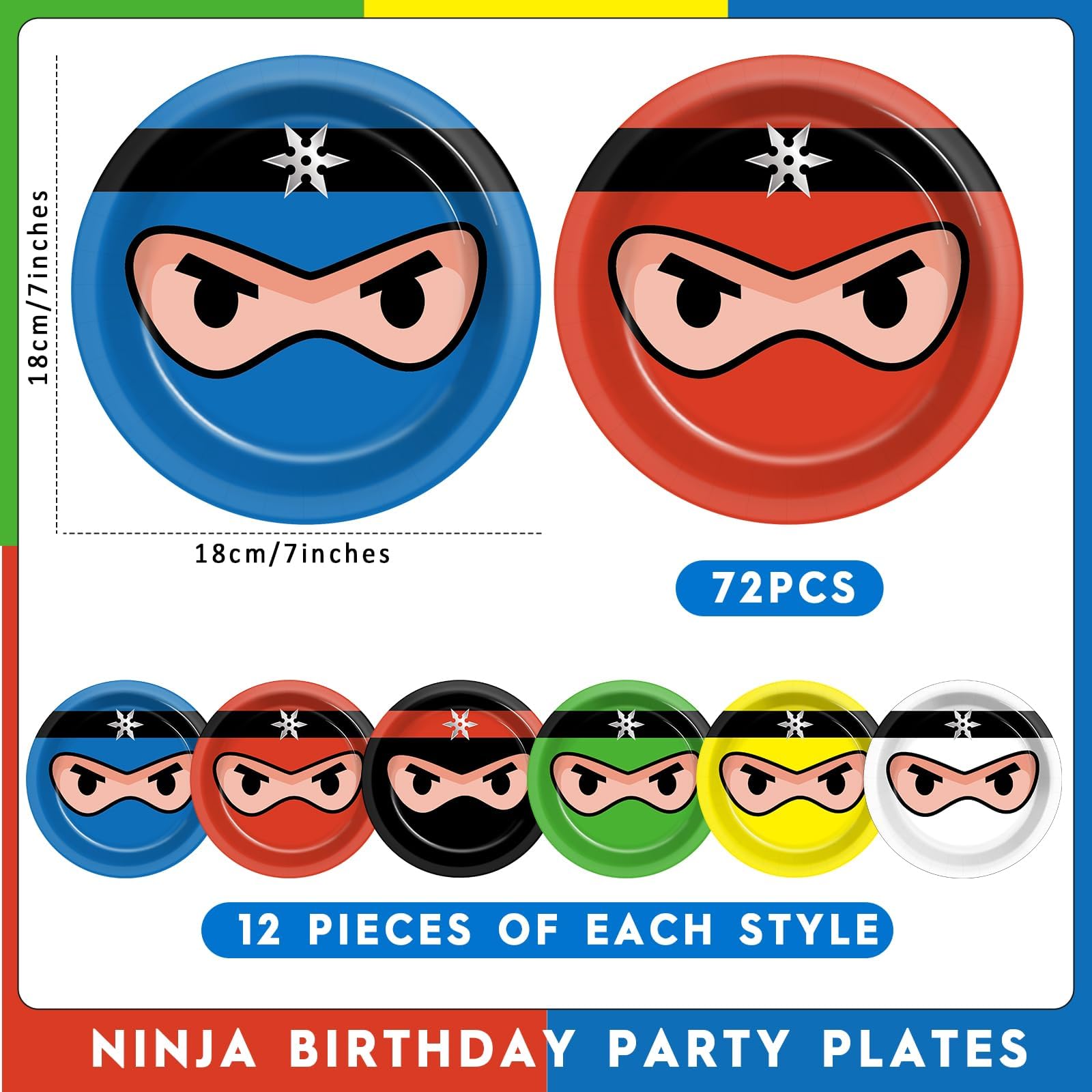 Naozinebi 72PCS Ninja Birthday Plates Ninja Party Supplies Ninja Warrior Tableware Ninja Master Plates Karate Disposable Plate Dessert Paper Plates for Boys Girls Kids Baby Shower Favors 6.7*6.7inch