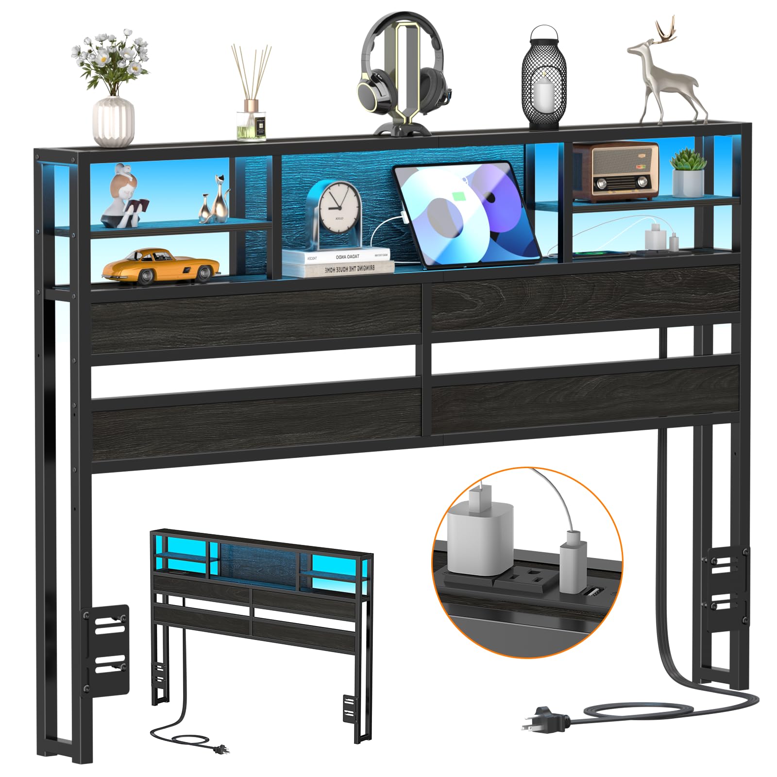 Furnulem Headboard Full Size with 3-Tier Shelf, Bookcase Storage Head Board with RGB LED Light and Charging Station,2 Outlets and 2 USB Ports,Black Wood Storage Cubbies & Metal Frame,Adjustable Height