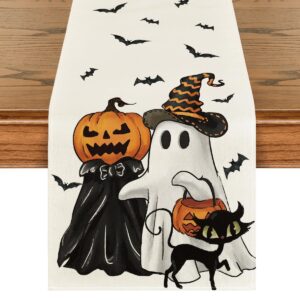 artoid mode ghost spooky jack-o'-lantern pumpkin halloween table runner, black cat kitchen dining table decoration for home party decor 13x72 inch