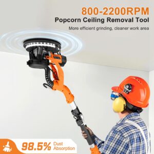 Drywall Sander, 1000W Popcorn Ceiling Removal Tool, Automatic Drywall Sander with Vacuum Dust Collection, LED Light, 6 Variable Speed 800-2200RPM,15Pcs Sanding Discs, Foldable & Extendable Handle