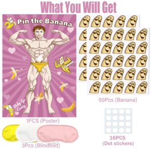 QINGRUIGO Bridal Shower Games Pin The Banana on The Hunk,Wedding Engagement Girls Night Pin The Ring Game 50 Stickers Includes Large Poster Single Girl Party Night Games