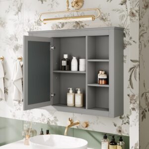 Virubi Wall Mounted Medicine Cabinet, Bathroom Storage Cabinet with Mirror Door and 6 Adjustable Open Shelf (7.3" D x 35" W x 27.5" H) (Grey)