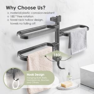 Pysrych No Drill Swivel Towel Rack Wall Mounted 3-Arm Towel Bar ABS Self-adhesive Towel Holder with Hook for Bathroom Shower Kitchen Grey