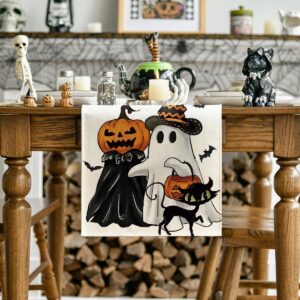 Artoid Mode Ghost Spooky Jack-O'-Lantern Pumpkin Halloween Table Runner, Black Cat Kitchen Dining Table Decoration for Home Party Decor 13x72 Inch