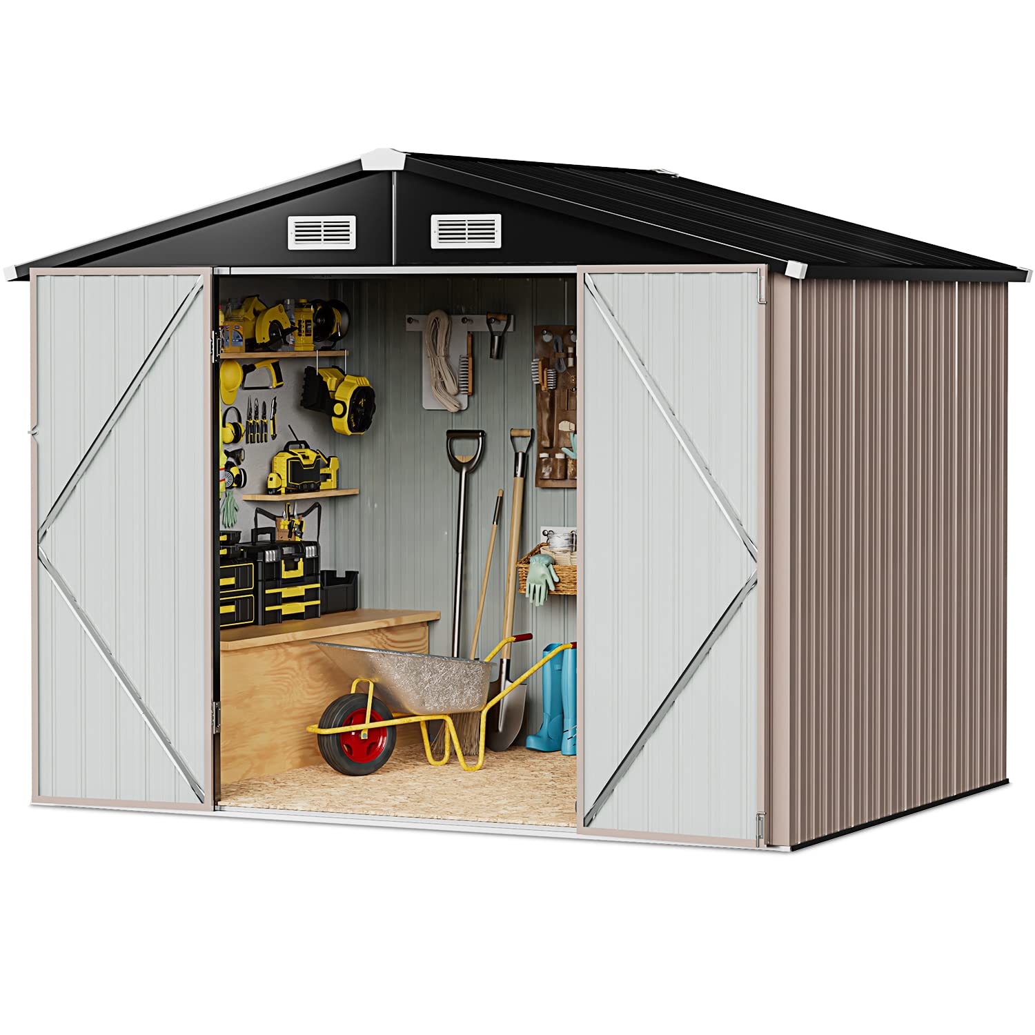 Aoxun Outdoor Storage Shed 8.5FT x 5.6FT, Metal Steel Utility Tool Shed Storage House with Door & Lock, for Backyard Garden, Brown