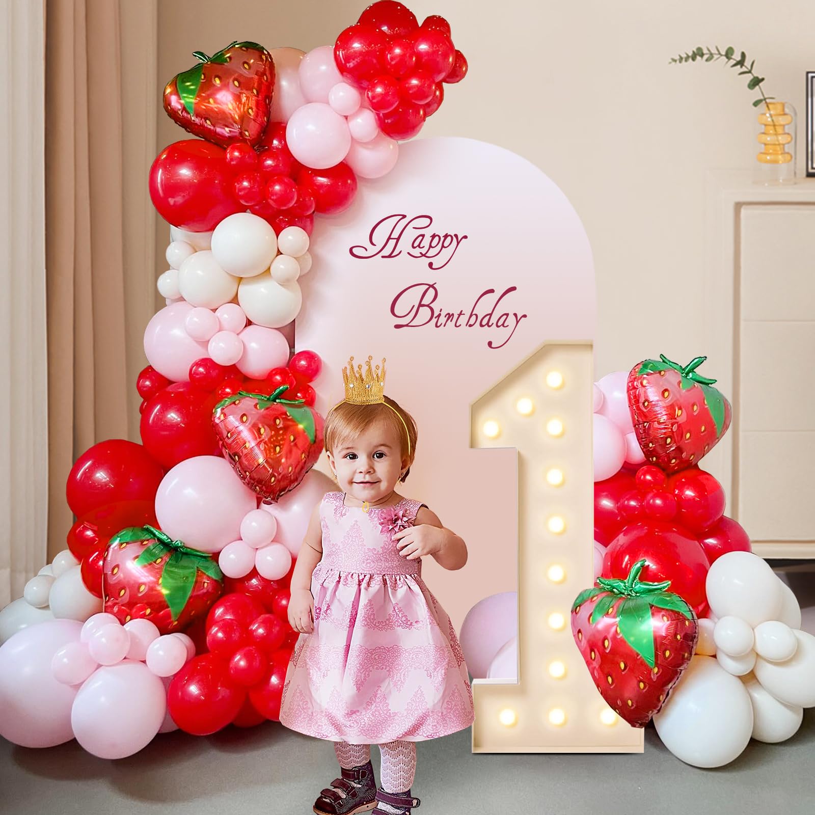 120pcs Strawberry Balloon Arch Garland Kit, Red and Pink Balloons with 27inch Strawberry Foil Balloons for Sweet One Berry First Birthday Baby Shower Strawberry Party Decorations