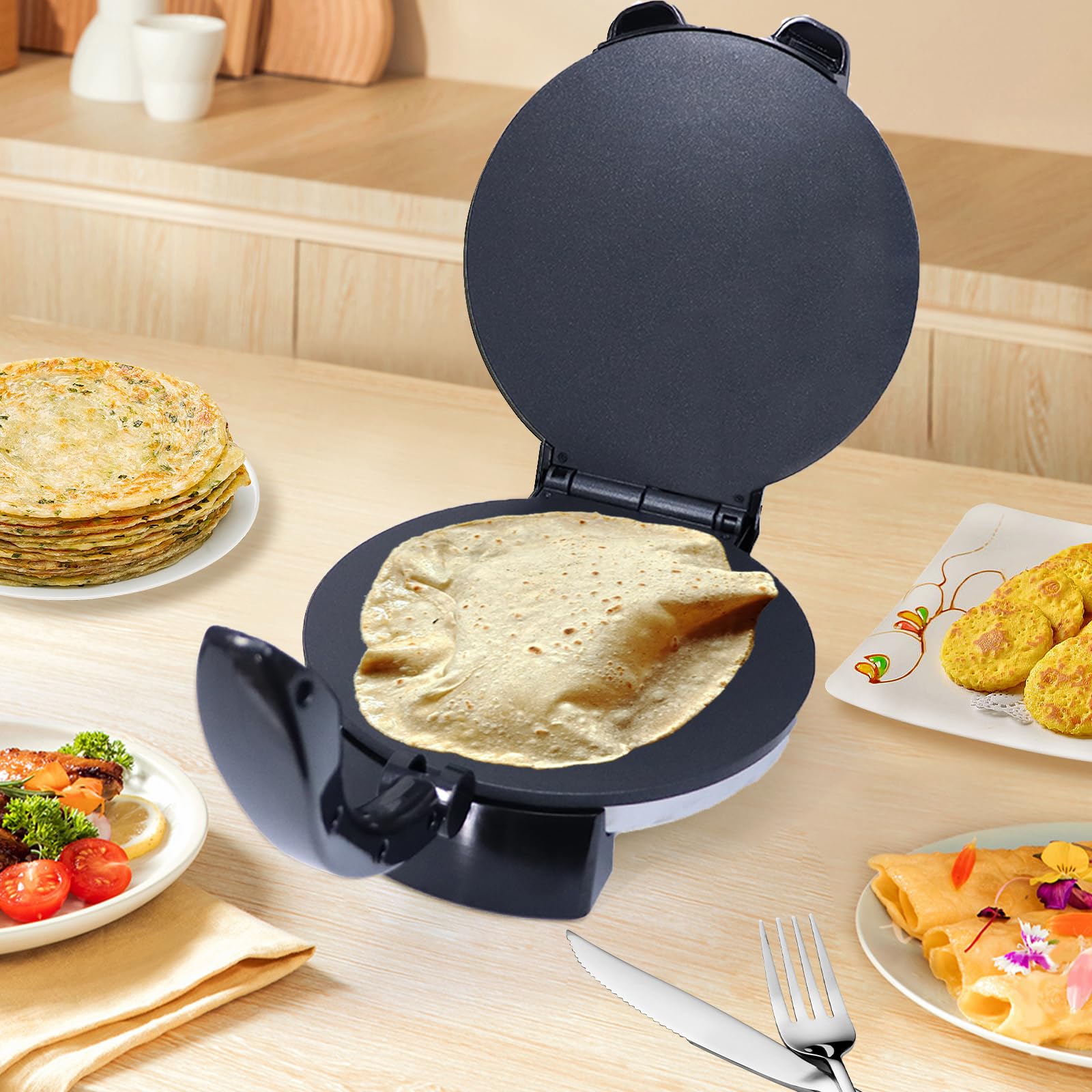 Electric Tortilla Press Roti Maker 10inch, Tortilla Maker Multipurpose Automatic Chapati Maker with Removable Handle, Non-Stick Cooking Plates for Homemade Tortillas