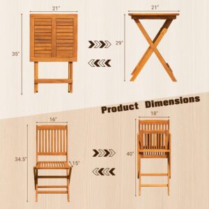 JUMMICO 3 Piece Folding Patio Chairs Outdoor Acacia Wood Bistro Set with Cushion Square Table and Chairs Porch Furniture for Balcony, Lawn, Deck