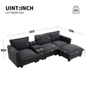 GNIXUU 109" L Shaped Sectional Sofa, Modern Comfy Deep 4-Seat Sofa with Console, USB Charging Port, Reading Light and Cup Holder, Chenille Cloud Couch for Living Room, Apartment, Office, Gray