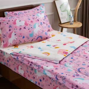 NTBED Unicorn Printed Zipper Bedding Sets Twin Lightweight Microfiber Floral Comforter Sets with Fitted Sheet Pillow Covers,Pink