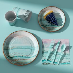 Teal Birthday Party Plates And Napkins Teal Gradient Purple Paper Plate With Rose Gold Border And Stripes Can Be Used As Disposable Party Decoration Supplies Turquoise Paper Plates Set For 24 Guests