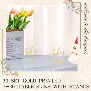 30 Sets Arch Acrylic Sign Gold Printed 1-30 Table Signs with Stands Calligraphy Clear Table Number Display Stand for Wedding Reception Event Party Restaurant Centerpieces Decor (4 x 6 Inch)