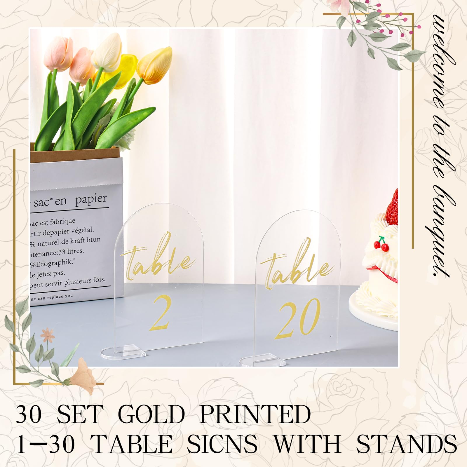 30 Sets Arch Acrylic Sign Gold Printed 1-30 Table Signs with Stands Calligraphy Clear Table Number Display Stand for Wedding Reception Event Party Restaurant Centerpieces Decor (4 x 6 Inch)