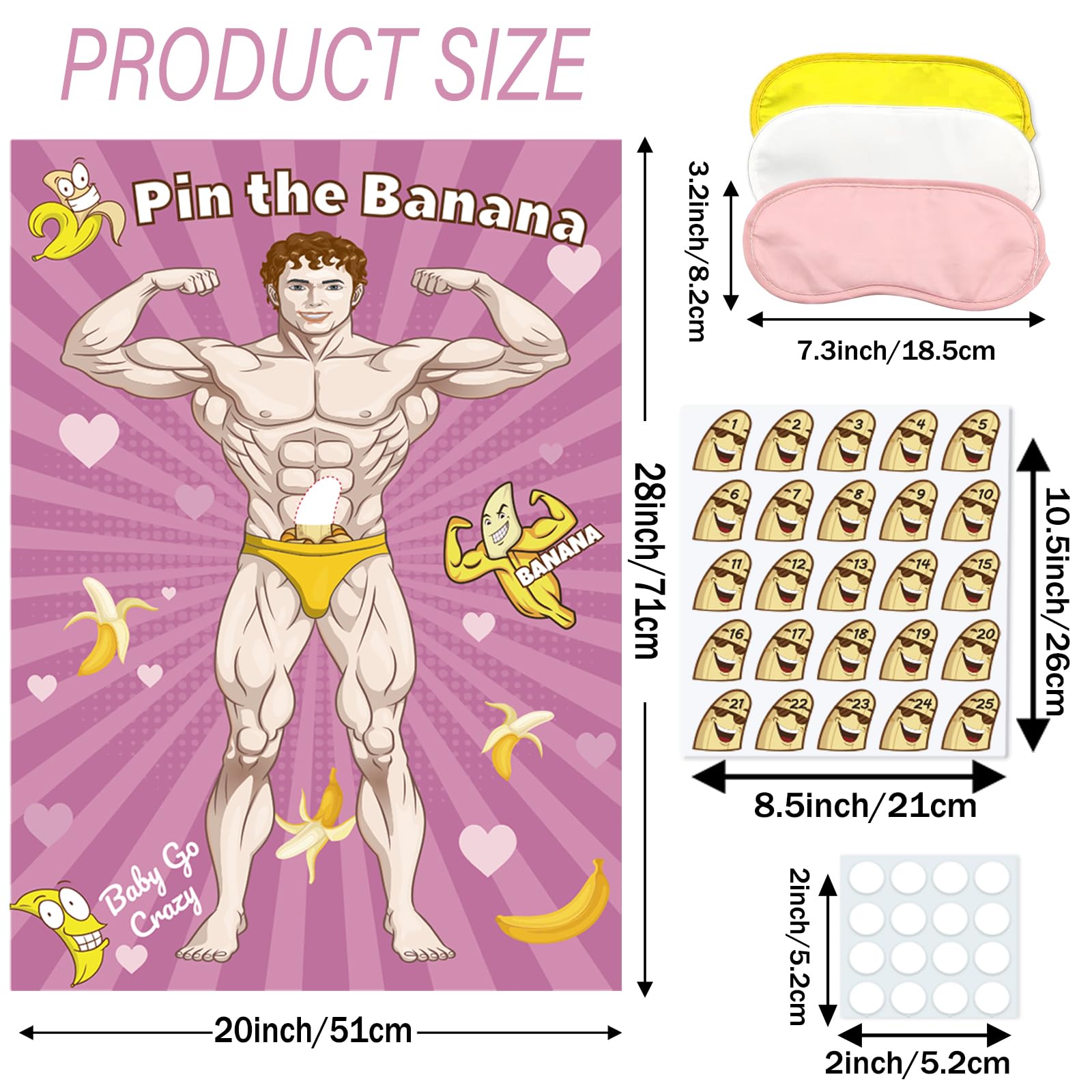 QINGRUIGO Bridal Shower Games Pin The Banana on The Hunk,Wedding Engagement Girls Night Pin The Ring Game 50 Stickers Includes Large Poster Single Girl Party Night Games