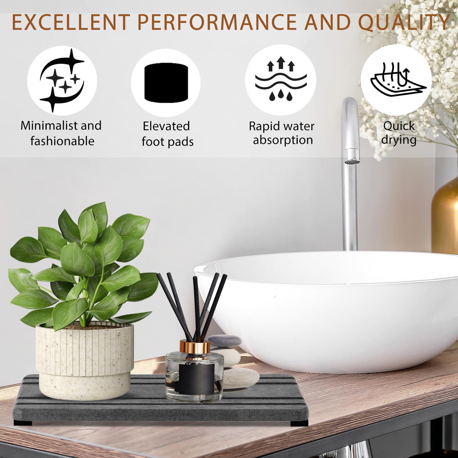 3PCS Water Absorbing Stone Tray, DryingNeat Diatomite Stone Sink Tray, Instant Dry Sink Coasters, Kitchen Sponge Hand Soap Holder, Countertop Fast Drying Counter Tray,8 * 4inch and 4 * 4inch