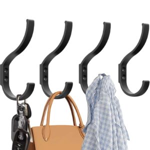 4 pack wall mounted coat hooks, large wall hooks for hanging heavy duty, black coat hooks with screws for wall, wall mounted hooks for hanging coats, clothes, towels, keys, dog leashes, and purse