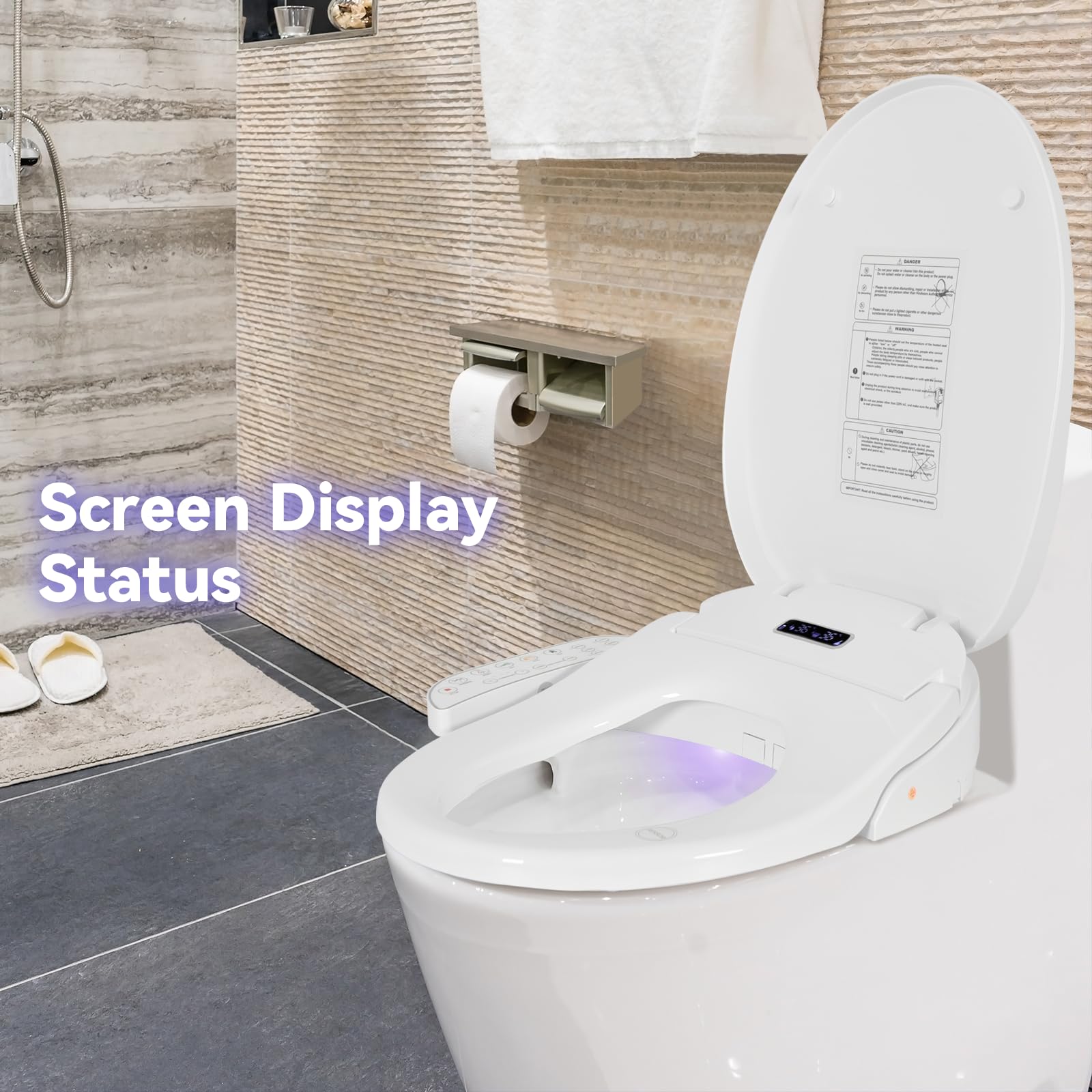 Electric Bidet Toilet Seat, Warm Water Bidet for Rear and Front Washing, Self-Cleaning Nozzle, Elongated V-shaped Heated Toilet Seat with Dryer, Touch Panel, SoftClose Lid, LED Light and Deodorization